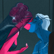 Persephone and Hades kiss.